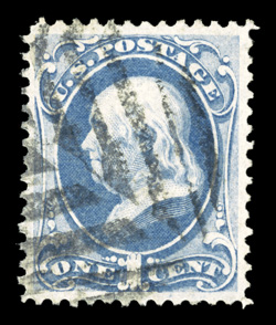 134, 1c Ultramarine with grill, used, exceptionally well centered within impressively large margins, bright color, crisp leaf cancel, extremely fine 2000 PF
certificate.