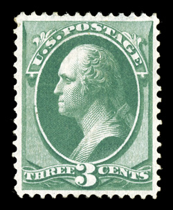 136, 3c Green with grill, exceedingly well balanced margins all around, bright fresh color, o.g., extremely fine and choice 2002 PF certificate and a 2005 PSE certificate (XF
90 OGh SMQ $1,600.00) only one stamp grades higher.