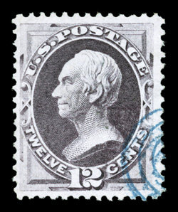 140, 12c Dull violet with grill, used, nicely centered within large margins, strong rich color and crisp impression on bright fresh paper, cancelled solely by a face-free blue
target confined to the bottom right corner, a very fine example o