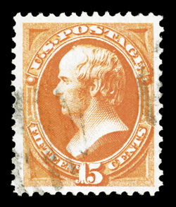 141, 15c Orange with grill, a most remarkable quality used example of this scarce and challenging grilled Bank Note, possessing dazzling bright color and a vivid impression on
fresh paper, plus it is very well centered within exceedingly large m