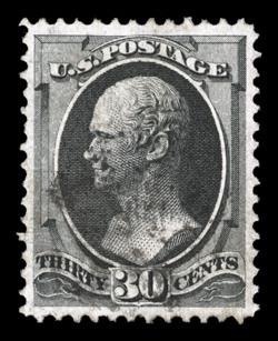 143, 30c Black with grill, an outstanding used example of one of the most difficult of all of the Bank Notes to find in gem quality such as the example offered here, being
extraordinarily well centered within uncommonly large margins, intense co