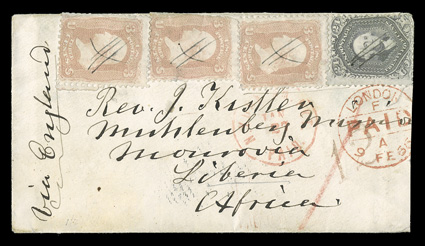 65, 78, 3c Rose and 24c Lilac, three of former and single of latter, two 3c stamps with faults from placement at cover edge, ms. stroke cancels, on cover to Monrovia, Liberia,
red N. York Am. Pkt.PaidJan 27 exchange office handstamp and