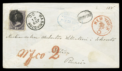 151, 12c Dull violet, well centered single, just tied by bold cork cancel to fresh cover to Russia, with matching Washington, D.C.Jun 21 c.d.s. alongside, blue oval
SmithsonianInstitutionMay 20 1872Washington, D.C. handstamp, red Ne