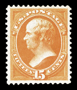 152, 15c Bright orange, premium quality mint example of this scarce and difficult Bank Note stamp, exceedingly well centered within considerably larger margin than usually
found, strong bright color, o.g., lightly hinged, extremely fine one o