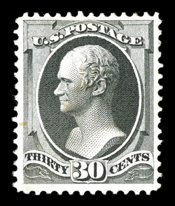 154, 30c Black, well centered within uncommonly large margins, exceedingly fresh, with strong bright color on clean white paper, o.g., lightly hinged, a very fine example of
this rare and underrated Bank Note a choice example of a stamp often m