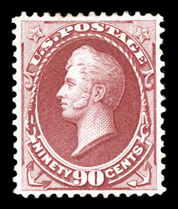 155, 90c Carmine, a handsome and desirable mint example of this rare high value, especially well centered, lovely bright color and a crisp impression, o.g., lightly hinged,
extremely fine a particularly difficult Bank Note to find in premium qu