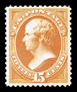 163, 15c Yellow orange, uncommonly well centered within wide margins, strong vibrant color, o.g., relatively lightly hinged, extremely fine a highly desirable example of this
scarce mint stamp 1994 PF certificate and a 2005 PSE certificate (XF