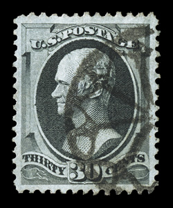 165, 30c Greenish black, a most attractive used example, being marvelously well centered amid large margins, strong color in the Greenish black shade, fancy NYFM cancel (V-W
Type G1), extremely fine 2008 PF certificate specifically identify