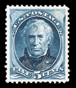 179, 5c Blue, incredibly well centered within uncharacteristically wide margins, deep luxuriant color and a well incised impression on fresh paper, full o.g., extremely fine
actually a very difficult stamp to find in such premium condition, in