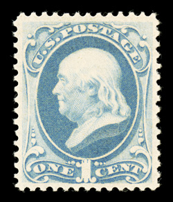 182, 1c Blue, excellent centering within large margins, fresh color in the Blue shade, o.g., lightly hinged, extremely fine 2006 PF certificate specifically identifying this as
the blue color (XF 90).