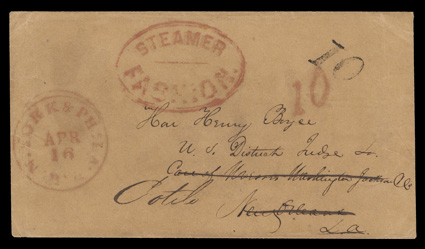 N. York & Phila. R.R. Apr 16 datestamp on buff cover to New Orleans with matching 10 rate handstamp, forwarded to Cotile, La. with large red oval  SteamerFashion inland waterway
name of boat handstamp and 10 due, very fine a most unus