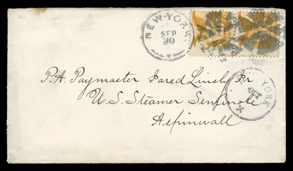 116, 10c Yellow, vertical pair, tied by New YorkSep 30 c.d.s. and segmented cork cancels to cover to a paymaster on board U.S. Steamer Senfinale at Aspinwall, with additional
New YorkOct. 1 datestamp beneath, very fine.