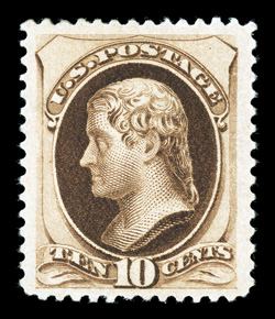 188, 10c Brown, with secret mark, quite well centered within extravagantly large margins, strong color and impression, o.g., lightly hinged, extremely fine overall a desirable
example of this scarce mint stamp 2004 PF certificate.