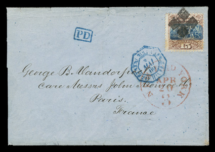 118, 15c Brown and blue, Ty. I, single with a hint of toning at bottom, tied by square quartered cork cancel to blue cover to Paris, red New YorkPaid 3Apr 20 exchange office
datestamp, blue octagonal 1869 Havre French entry and matching boxe