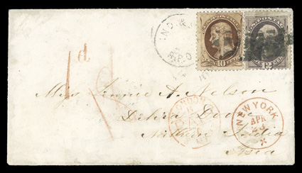 150, 151, 10c Brown and 12c Dull violet, singles of each tied by cork cancels and Ind. & St. L.R.P.O. c.d.s. to cover to Northern India, red New YorkApr 23 exchange office
datestamp and red pencil 18 credit for correct 22c rate, red