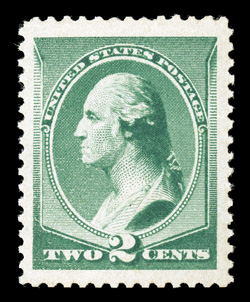 213, 2c Green, an eye-catching jumbo mint single, sporting enormously large margins all around and being extraordinarily well centered within them, strong rich color, o.g.,
lightly hinged, extremely fine an especially large-margined gem 2000 P
