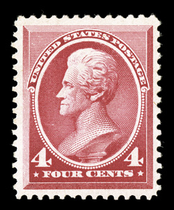 215, 4c Carmine, uncharacteristically well centered and margined, fresh color, o.g., never hinged, extremely fine 2009 PSE certificate (VF-XF 85 SMQ
$1,050.00).
