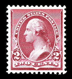 220a, 2c Carmine, cap on left 2 variety, select mint single of this elusive variety, brilliant color on pristine white paper, unusually well centered, unblemished o.g., never
hinged, extremely fine 2004 PF certificate.