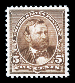 223, 5c Chocolate, an especially desirable mint single, being remarkably well centered within large margins, deeply rich color and a sharp impression on fresh paper, o.g.,
never hinged, extremely fine gem 2005 PSE certificate (XF-Superb 95 SMQ