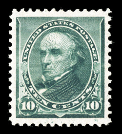 226, 10c Green, an outstanding mint example that is extraordinarily well centered amid especially large margins all around, sumptuously rich color and a well defined
impression, o.g., never hinged, an extremely fine gem an impossibly difficult