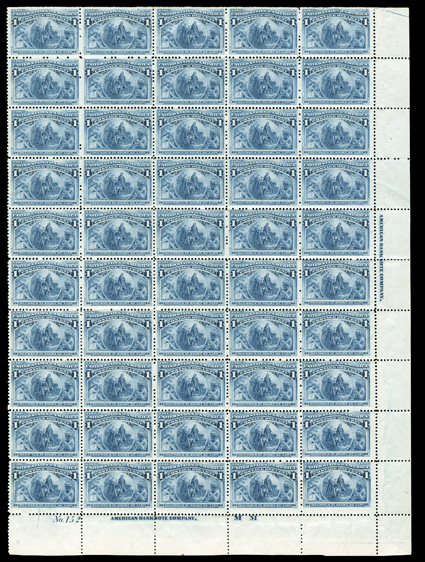 230, 1c Columbian, complete pane of 50, with bottom margin imprint and plate No. 152, top row hinged (and middle stamp with a thin), other stamps all never hinged, also hinged
in the bottom selvage (therefore the plate block is cataloged as hi