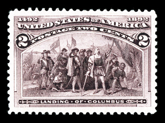 231, 2c Columbian, a magnificent mint single, boasting four gigantic margins and being perfectly centered within these lavish borders, strong rich color and a crisp detailed
impression, unblemished o.g., n.h., a superb jumbo among of the very