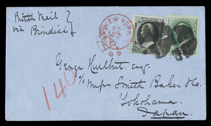 158, 165, 3c Green and 30c Gray black, singles of each, former with a sealed tear at top, latter natural s.e. at left, tied by quartered cork cancels and red New YorkNov 27
exchange c.d.s. to blue cover to Yokohama, Japan, endorsed Briti