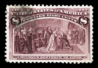 236, 8c Columbian, impressive used example, exceptionally large and well balanced margins all around, intensely rich color and impression, unobtrusive cancel at top left,
extremely fine used gem 2009 PSE certificate (XF-Superb 95 SMQ $220.00).