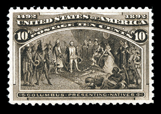 237, 10c Columbian, exceedingly well centered, stunning color that is especially deep and intense, prooflike impression as well, o.g., n.h., extremely fine 2004 PF
certificate.