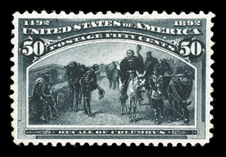 240, 50c Columbian, unusually well centered and margined, strong color in a dark shade, razor-sharp impression, o.g., n.h., extremely fine premium never hinged Fifty Cent
Columbians are few and far between 2005 PF certificate.