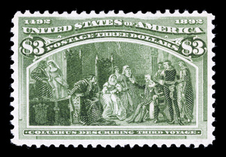 243, $3.00 Columbian, nicely centered within large margins, rich color on fresh paper, o.g., relatively lightly hinged, very fine 2004 PF certificate.