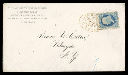 182, 1c Dark ultramarine, fine single tied by a most unusual brown New YorkN.Y.Mar16-80 dashed oval cancel that was probably from a mechanical handstamper or a self-inking
ticket-dater, which were not normally used as a postmark or cancel,