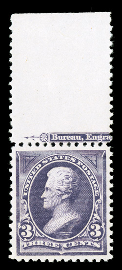 253, 3c Purple, an extraordinarily choice top margin partial imprint single, outstanding centering within large margins, brilliantly rich color on fresh paper, unblemished
o.g., never hinged, extremely fine gem 1999 PF certificate and a 2009 PS