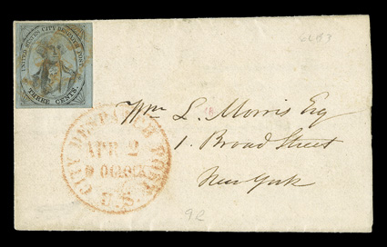 6LB3, New York, N.Y., 3c Black on light blue, ample to mostly large margins all around, fresh color, just tied by red US in octagon and City Despatch PostU.S.Apr 49 OClock
c.d.s. to 1844 printed notice, very fine.