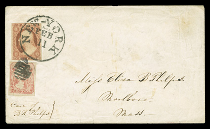 136L9, Swarts City Despatch Post, New York, N.Y., (1c) Red, large even margins all around, fresh color, tied by oval grid to cover to Marlboro, Mass., entered the mails with
1851 3c Dull red (11), ample to large margins all around, tied by