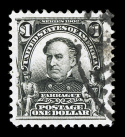 311, $1.00 Black, marvelously well centered within lavishly large margins, strong color on bright white paper, face-free cancel, extremely fine an especially large-margined
example 2004 PSE certificate.