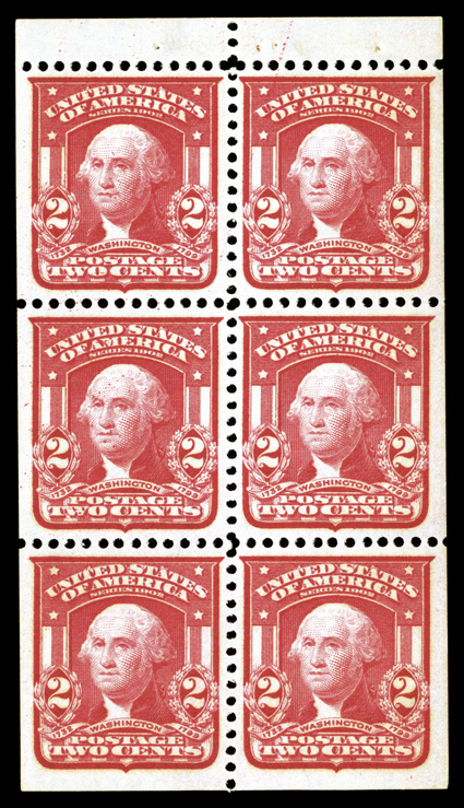 319g, 2c Carmine, booklet pane of six, highly select pane, being incredibly well centered and margined throughout, bright color, pristine o.g., n.h., extremely fine gem 2006
PSE certificate.