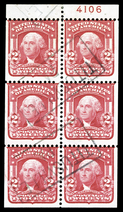 319g, 2c Carmine, booklet pane of six, position D, with plate no. 4106 in tab selvage, bright color, light Titusville, Pa. boxed cancels, fine actually a very rare booklet pane
to find both used and with the plate number 2002 PF certificat