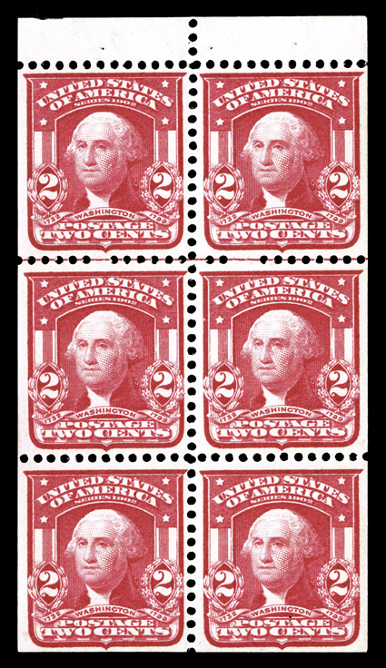 319h, 2c Carmine, Ty. II booklet pane of six, Type E, with guide line between top two rows, excellent centering, bright fresh color, o.g., just faintly hinged, extremely
fine.