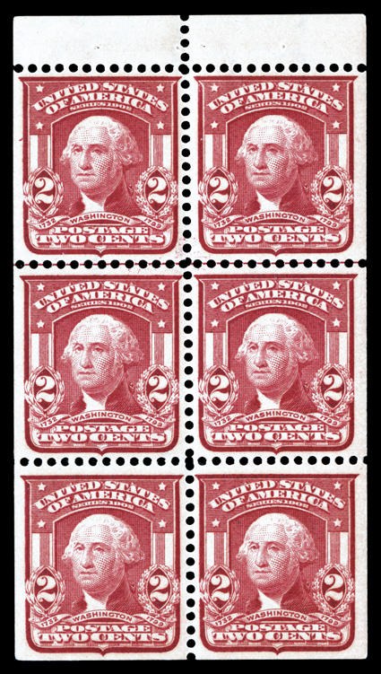 319q, 2c Lake, Ty. II booklet pane, of six, Type E, with guide line between top two rows, beautifully centered, strong color, o.g., n.h., extremely fine an elusive booklet
pane, especially in this choice quality 2006 PF certificate.