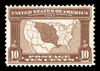 327, 10c Louisiana Purchase, exceptionally well centered, deep rich color, o.g., n.h., extremely fine 2005 PSE certificate (XF 90 SMQ $730.00).