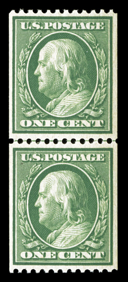 348, 1c Green coil, perf. 12 horiz., guide line pair, well centered, bright color, o.g., n.h., very fine 2001 PSE certificate.