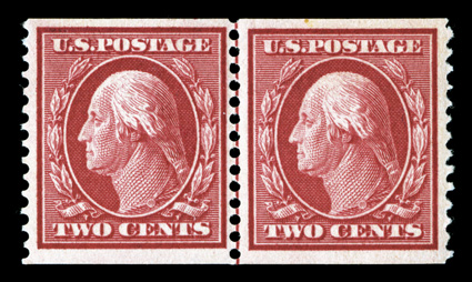 353, 2c Carmine coil, perf. 12 vert., guide line pair, wonderfully bright and fresh, well centered, o.g., lightly hinged, very fine 2000 PSE certificate.