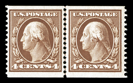 354, 4c Orange brown coil, perf. 12 vert., guide line pair, well centered within large margins, rich color, o.g., lightly hinged, very fine 1998 PF
certificate.