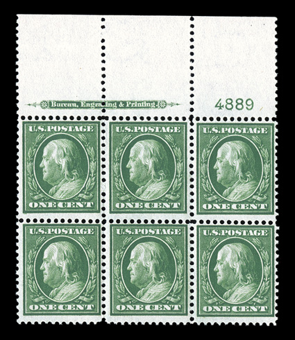 357, 1c Green on bluish paper, full top margin imprint and plate no. 4889 block of six, brilliantly rich color, attractively centered, o.g., lightly hinged, small owners
handstamp on back of top right stamp, very fine.