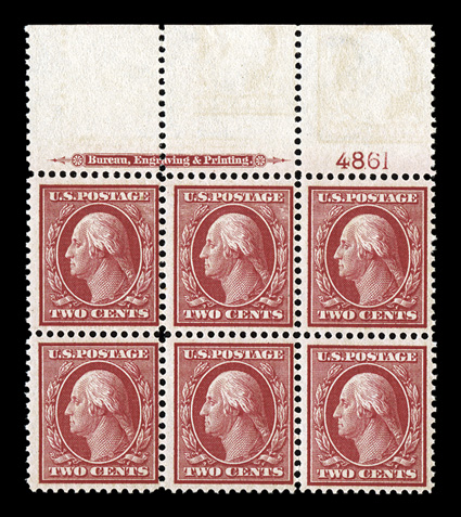 358, 2c Carmine on bluish paper, full top margin imprint and plate no. 4861 block of six, strong color, o.g., bottom middle stamp with small h.r., other five stamps never
hinged, some perf. separations in top selvage, fine-very fine.