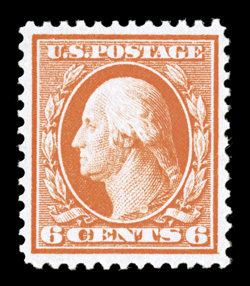 362, 6c Red orange on bluish paper, a highly desirable mint example of this scarce stamp, being extraordinarily well centered within large margins, wonderfully bright color,
o.g., lightly hinged, extremely fine 2007 PF certificate.
