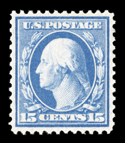366, 15c Pale ultramarine on bluish paper, marvelously well centered and margined, strong color on bright paper, o.g., lightly hinged, small pencil note on gum, extremely fine
an impressive mint copy of this scarce Bluish Paper clear 2005 PF c