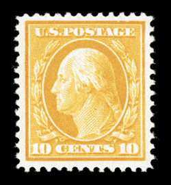 381, 10c Yellow, exceedingly well centered within large margins, bright fresh color, unblemished o.g., n.h., extremely fine 1999 PF certificate and a 2007 PF certificate (XF
90).