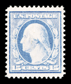 382, 15c Pale ultramarine, a highly select mint example, featuring several outstanding and uncharacteristic qualities, not the least of which is its near perfect centering amid
lavishly large margins, equally impressive is this stamps incredibl